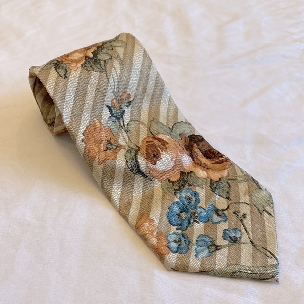 Vintage Cacharel Mens Brown & Tan Striped Floral Print 100% Silk Tie